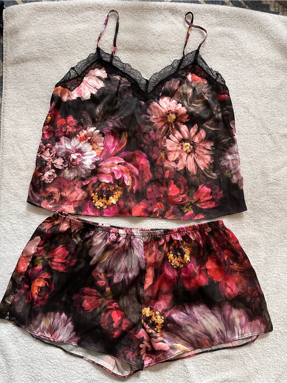 Black Floral Satin Lace-Trim Cami & Shorts Set - Pink Accents
